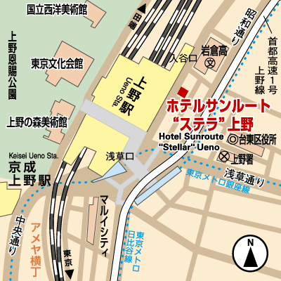 ホテルサンルート“ステラ”上野への概略アクセスマップ