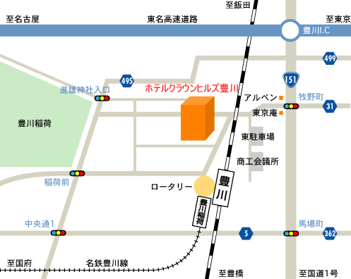 ホテルクラウンヒルズ豊川駅前（ＢＢＨホテルグループ）への概略アクセスマップ