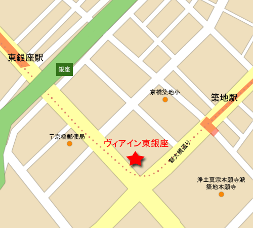 ヴィアイン東銀座（ＪＲ西日本グループ）への概略アクセスマップ