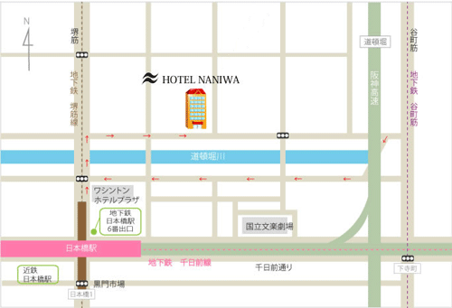 ホテル　ナニワへの概略アクセスマップ