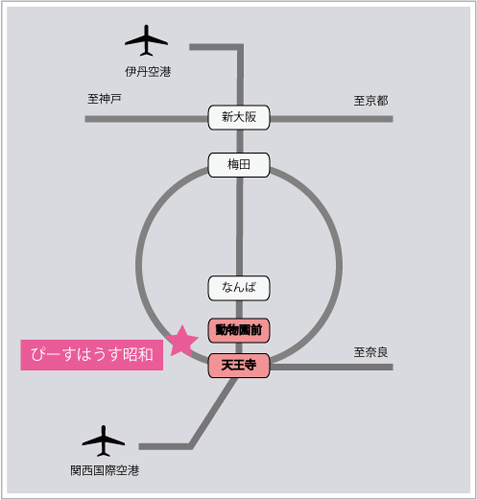 ぴーすはうす昭和への概略アクセスマップ