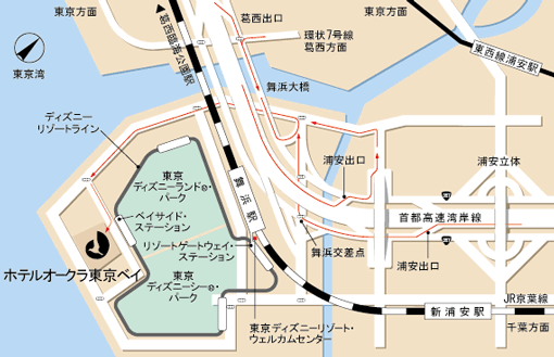 ホテルオークラ東京ベイへの概略アクセスマップ