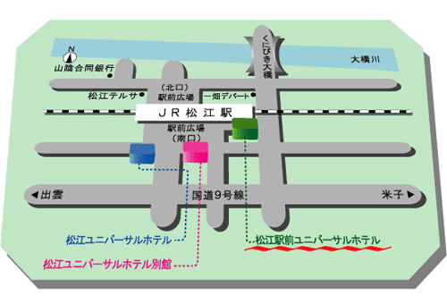 松江駅前ユニバーサルホテル（ユニバーサルホテルチェーン）への概略アクセスマップ