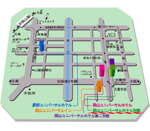 岡山ユニバーサルホテル別館（ユニバーサルホテルチェーン）への概略アクセスマップ
