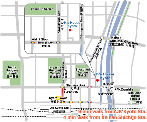 ケイズハウス京都への概略アクセスマップ