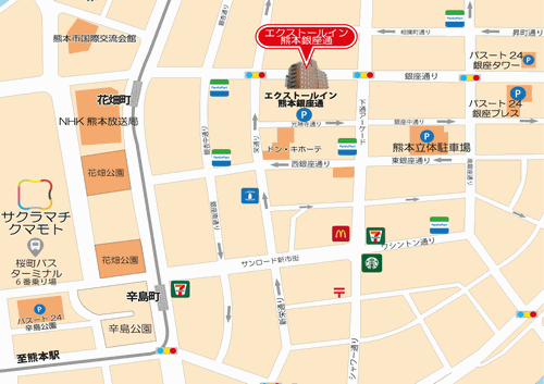 エクストールイン熊本銀座通への概略アクセスマップ