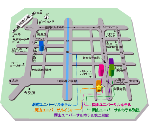 岡山ユニバーサルイン（ユニバーサルホテルチェーン）への概略アクセスマップ