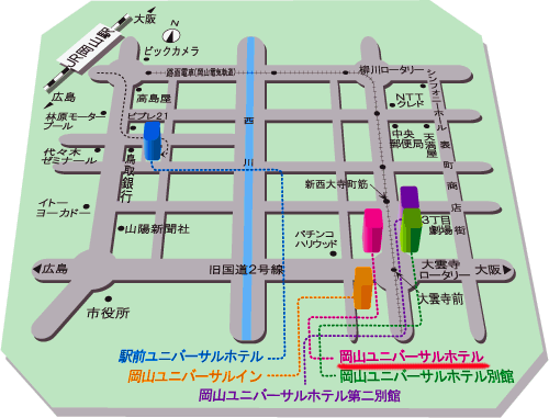 岡山ユニバーサルホテル（ユニバーサルホテルチェーン）への概略アクセスマップ