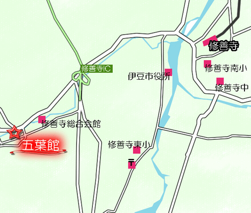 修善寺温泉　五葉館への概略アクセスマップ