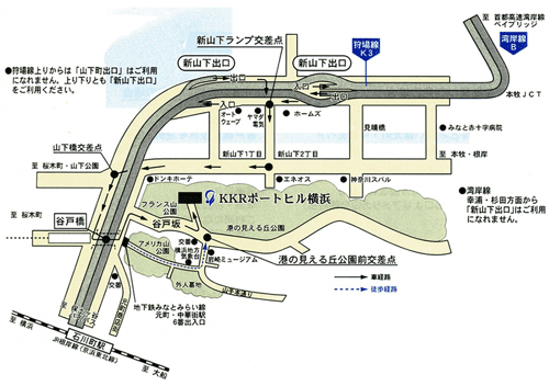 ＫＫＲポートヒル横浜（国家公務員共済組合連合会横浜集会所）への概略アクセスマップ