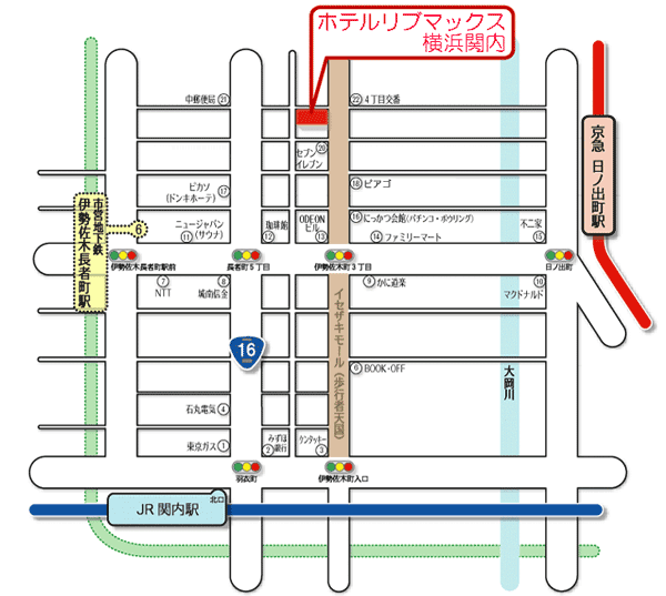 ホテルリブマックスＢＵＤＧＥＴ横浜関内への概略アクセスマップ