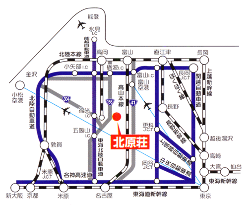 庄川峡　長崎温泉　北原荘への概略アクセスマップ