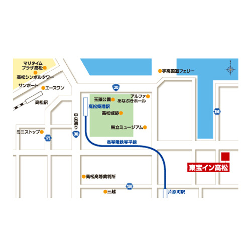 ビジネスホテル東宝イン高松への概略アクセスマップ
