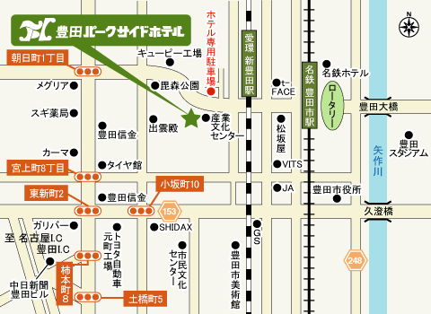 豊田パークサイドホテルへの概略アクセスマップ