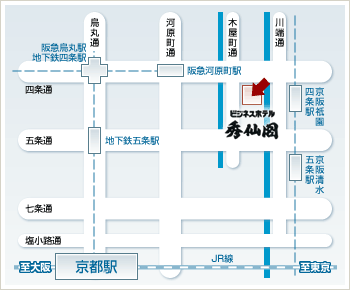 ビジネスホテル秀仙閣への概略アクセスマップ