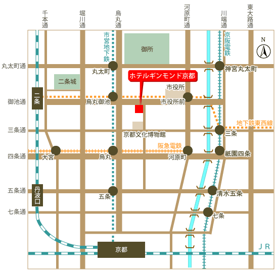 ホテルギンモンド京都への概略アクセスマップ