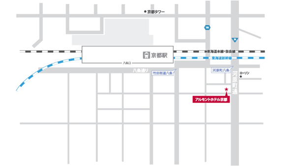 アルモントホテル京都への概略アクセスマップ