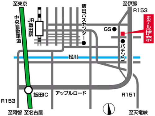 サザンクロスイン飯田(旧　ニューホテル伊奈)への概略アクセスマップ