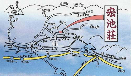 塩山温泉　宏池荘への概略アクセスマップ