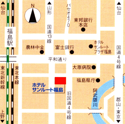 ホテルサンルート福島への概略アクセスマップ