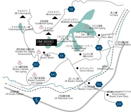 ワン・ニセコ・リゾート・タワーズへの概略アクセスマップ