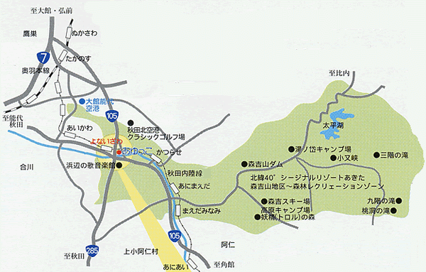 阿仁川あゆっこ温泉への概略アクセスマップ
