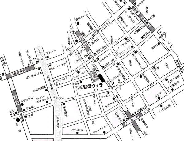 ビジネスホテル堀留ヴィラへの概略アクセスマップ