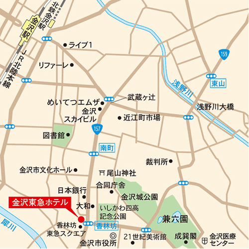 金沢東急ホテルへの概略アクセスマップ