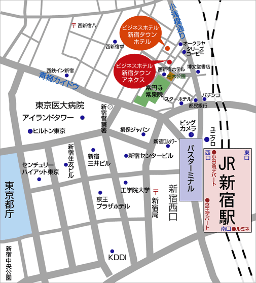 ビジネスホテル新宿タウンアネクスへの概略アクセスマップ