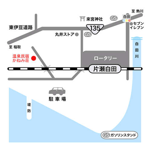 温泉民宿かねみ荘への概略アクセスマップ