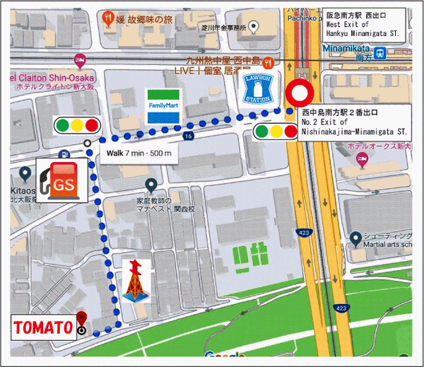大阪とまとゲストハウスへの概略アクセスマップ