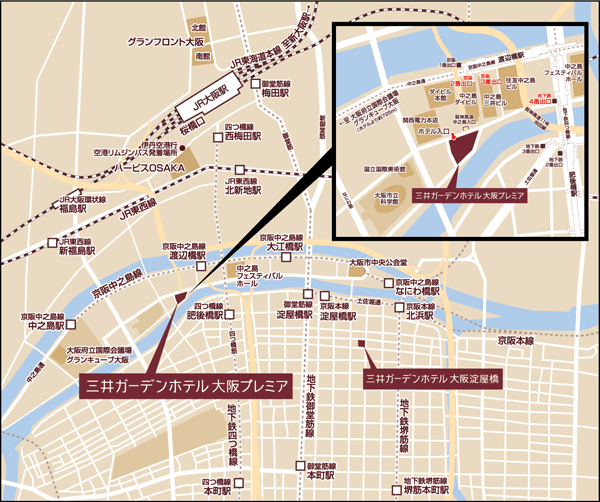 三井ガーデンホテル大阪プレミアへの概略アクセスマップ