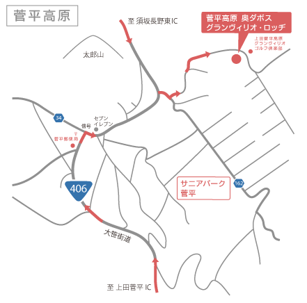 菅平高原奥ダボスグランヴィリオロッヂへの概略アクセスマップ