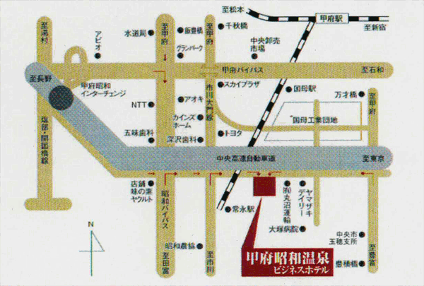甲府昭和温泉ビジネスホテルへの概略アクセスマップ