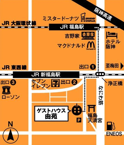大阪ゲストハウス由苑への概略アクセスマップ