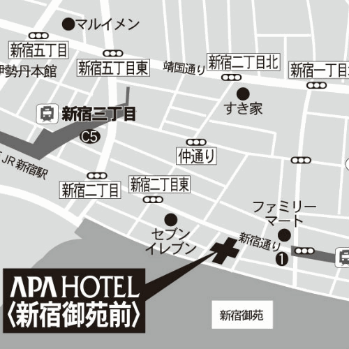 アパホテル〈新宿御苑前〉（全室禁煙）への概略アクセスマップ