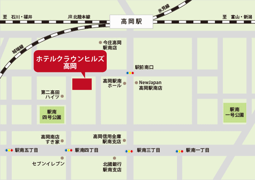 ホテルクラウンヒルズ高岡駅前（ＢＢＨホテルグループ）への概略アクセスマップ
