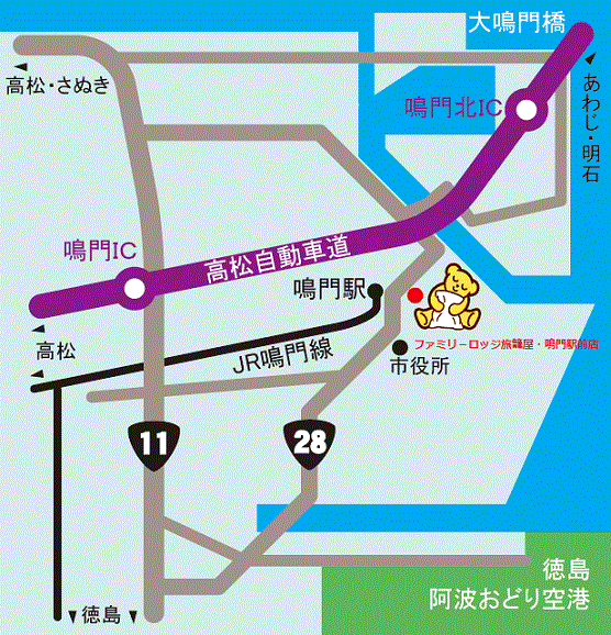 地図：ファミリーロッジ旅籠屋・鳴門駅前店
