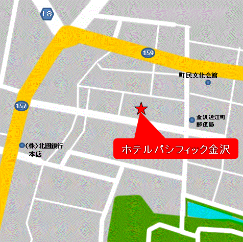 ホテルパシフィック金沢への概略アクセスマップ