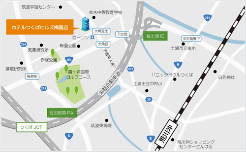 地図：ホテルつくばヒルズ　梅園店（ＢＢＨホテルグループ）