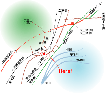 ホテルデュー大山崎への概略アクセスマップ