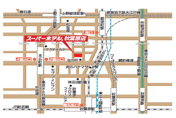 高濃度炭酸泉　藍染の湯　スーパーホテル秋葉原・末広町への概略アクセスマップ