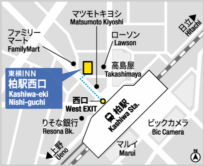 東横ＩＮＮ柏駅西口への概略アクセスマップ