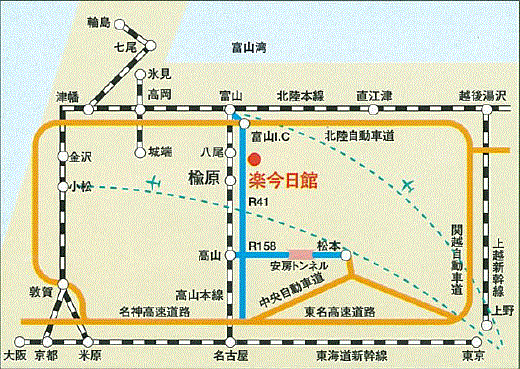 神通峡岩稲温泉　楽今日館への概略アクセスマップ