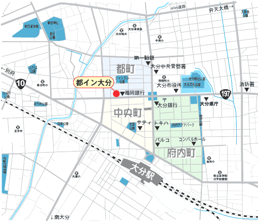 グリーンリッチホテル大分都町への概略アクセスマップ