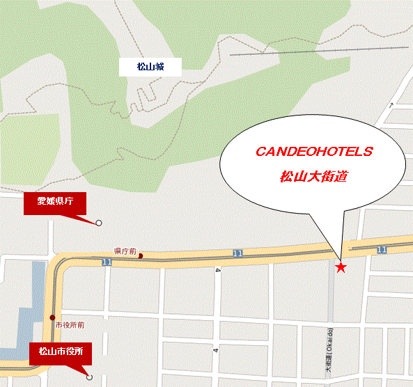 ＣＡＮＤＥＯ　ＨＯＴＥＬＳ（カンデオホテルズ）松山大街道への概略アクセスマップ