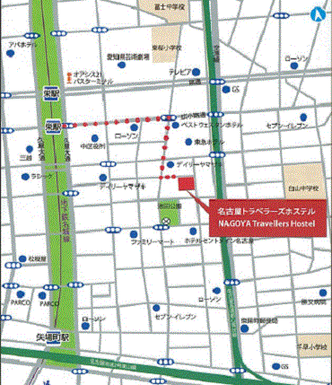 名古屋トラベラーズホステルへの概略アクセスマップ