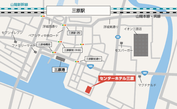 センターホテル三原　瀬戸内シーサイド（ＢＢＨホテルグループ）への概略アクセスマップ