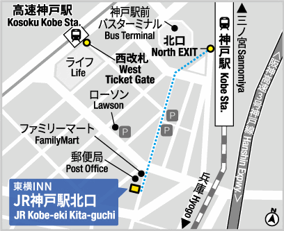 東横ＩＮＮＪＲ神戸駅北口への概略アクセスマップ