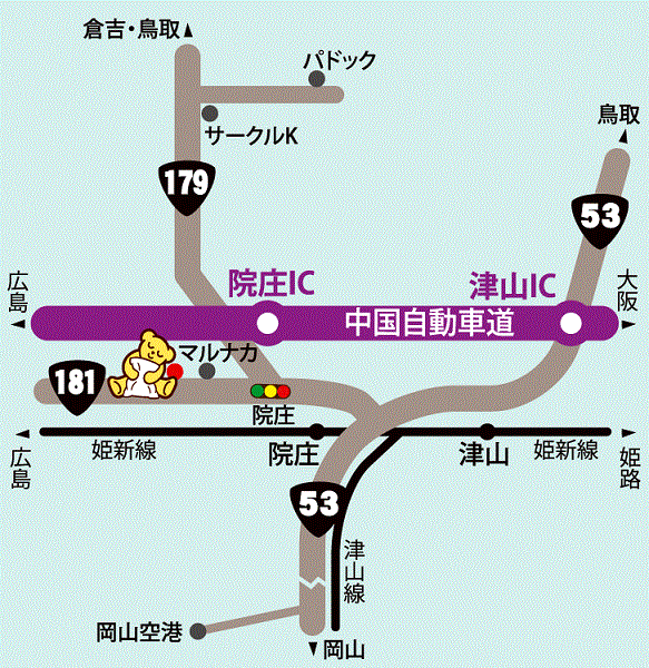 ファミリーロッジ旅籠屋・津山店への概略アクセスマップ